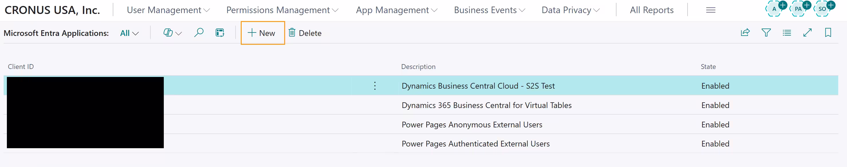 Microsoft Entra applications page in Dynamics Business Central Cloud
