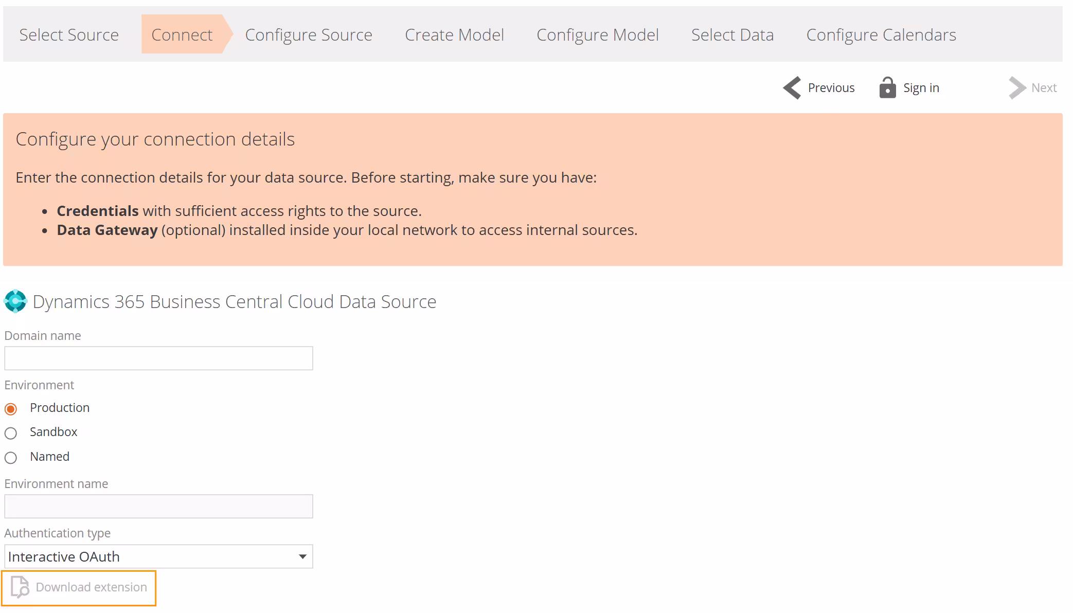 Dynamics Business Central Cloud data source downloading extension after signing in