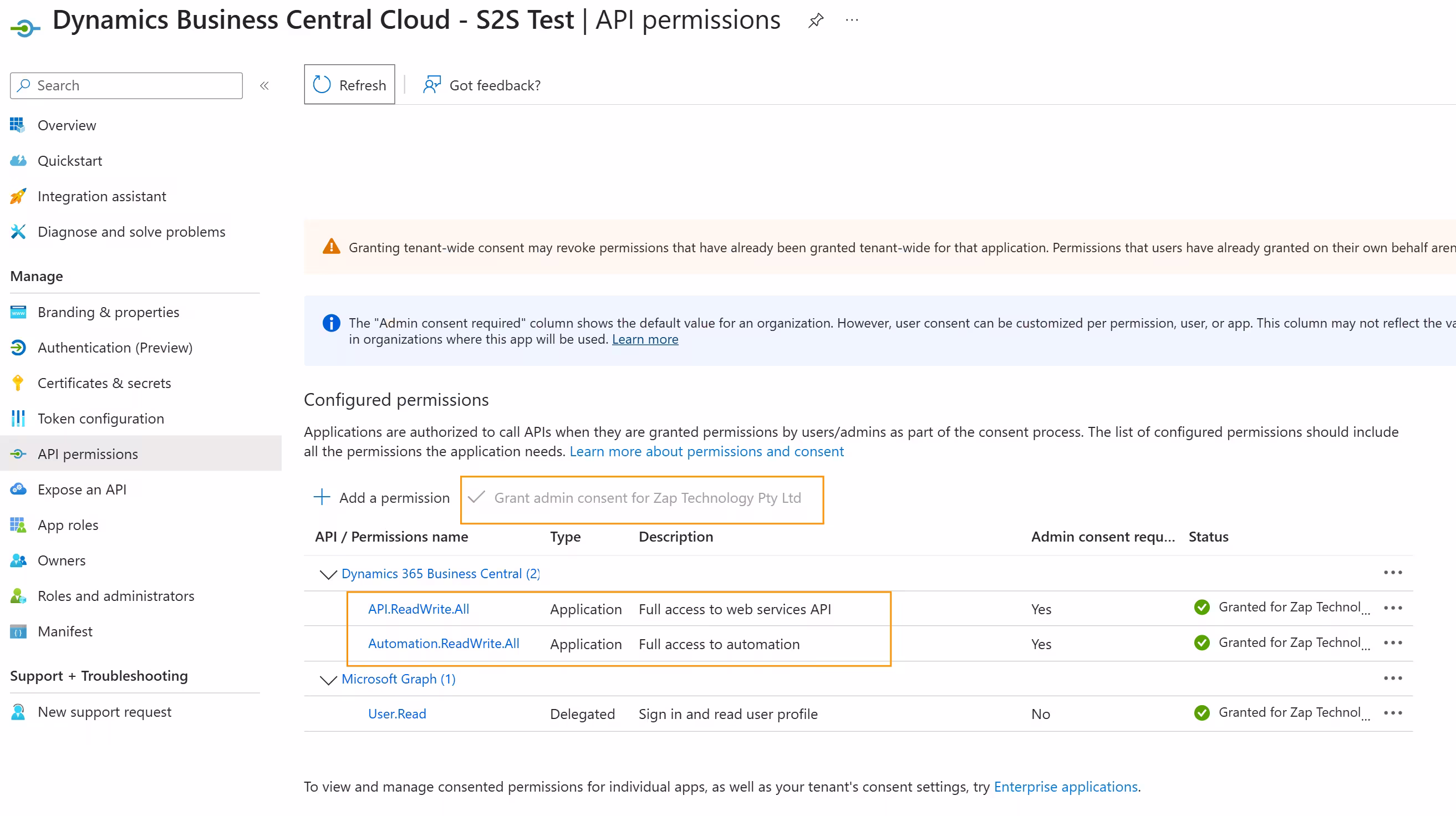 Microsoft Entra application setup page in Microsoft Entra admin centre