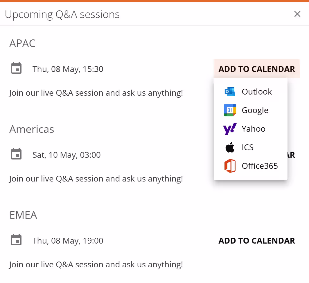 Upcoming Q&amp;A sessions dialog