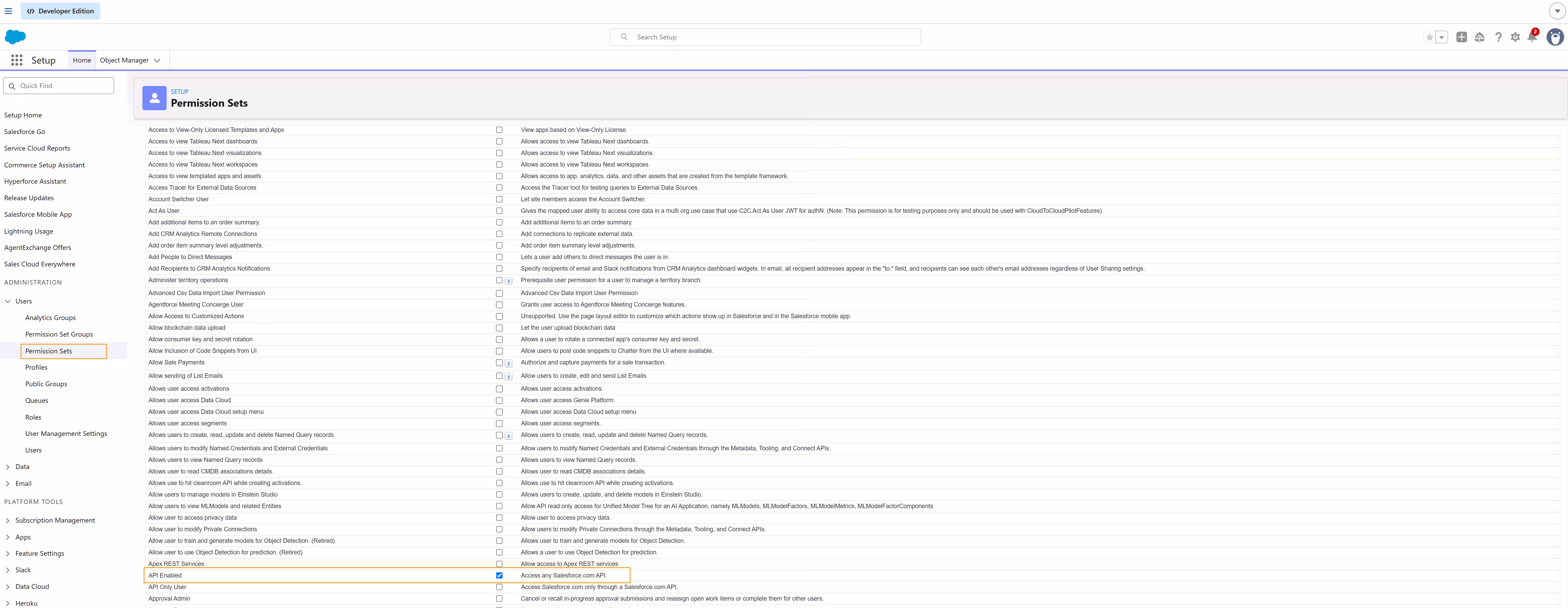 The API Enabled system permission selected in a Salesforce permission set.