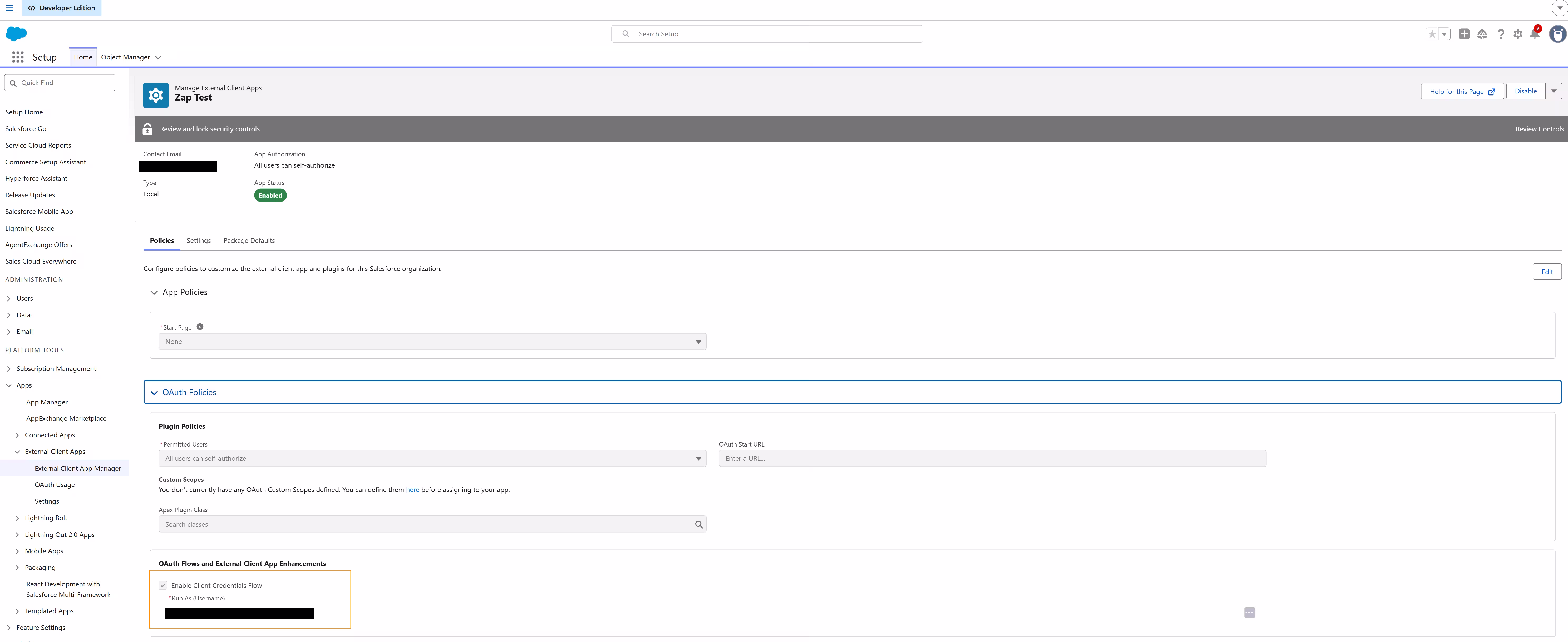 The client credentials flow section of a Salesforce external client app, with a Run As user selected.