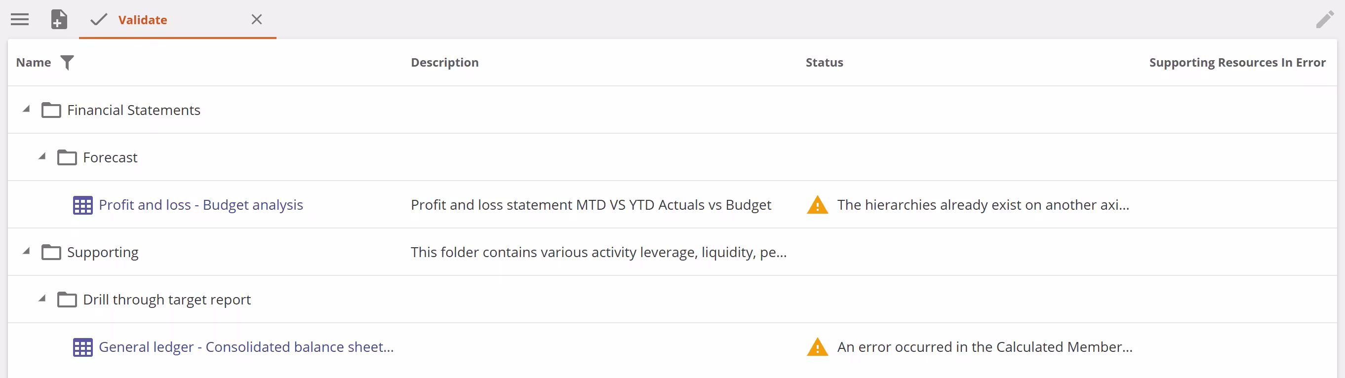 Resource validation view