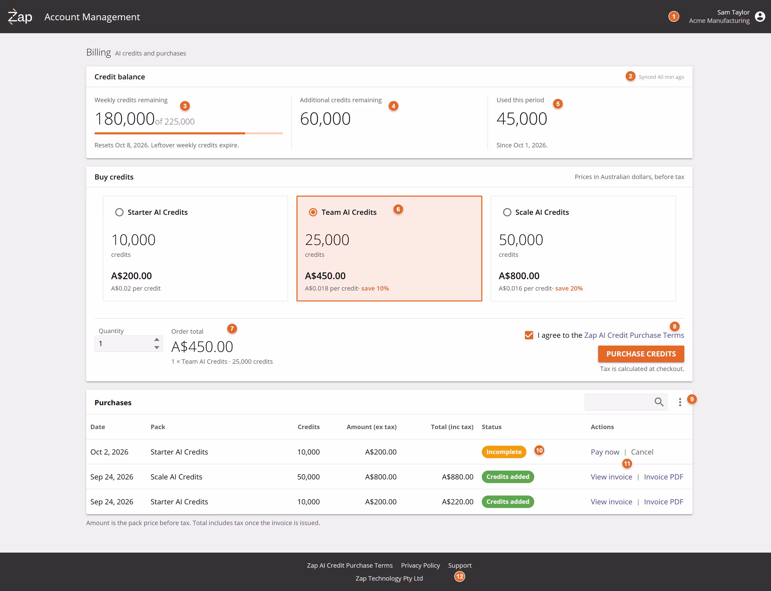 The Billing page, showing the Credit balance, Buy credits, and Purchases sections